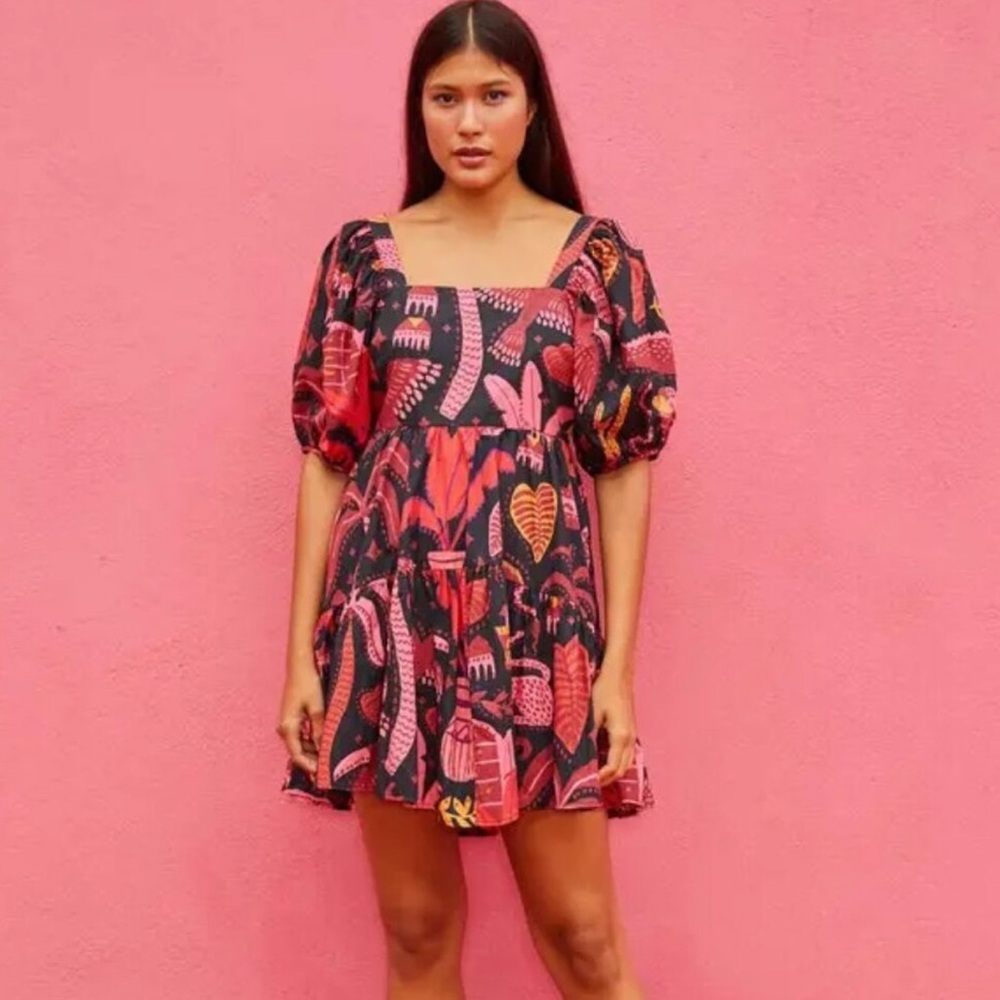 FARM RIO Black Tropical Magic Witchy cheetah Babydoll Puff Sleeve Mini Dress XS